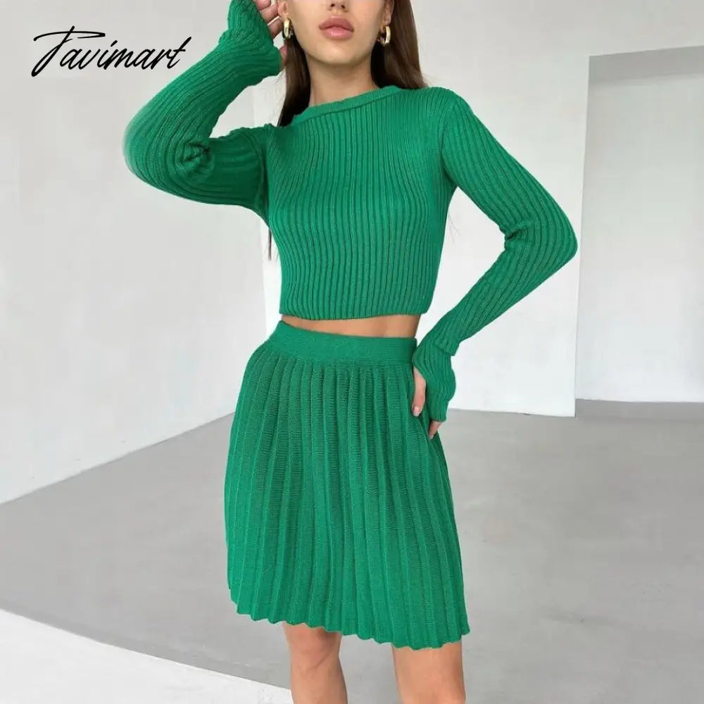 Autumn Winter Green Knitted Skirt 2 Pieces Sets Women Suits Long Sleeve Slim Crop Top Sweater and Pleated Skirt Matching Sets