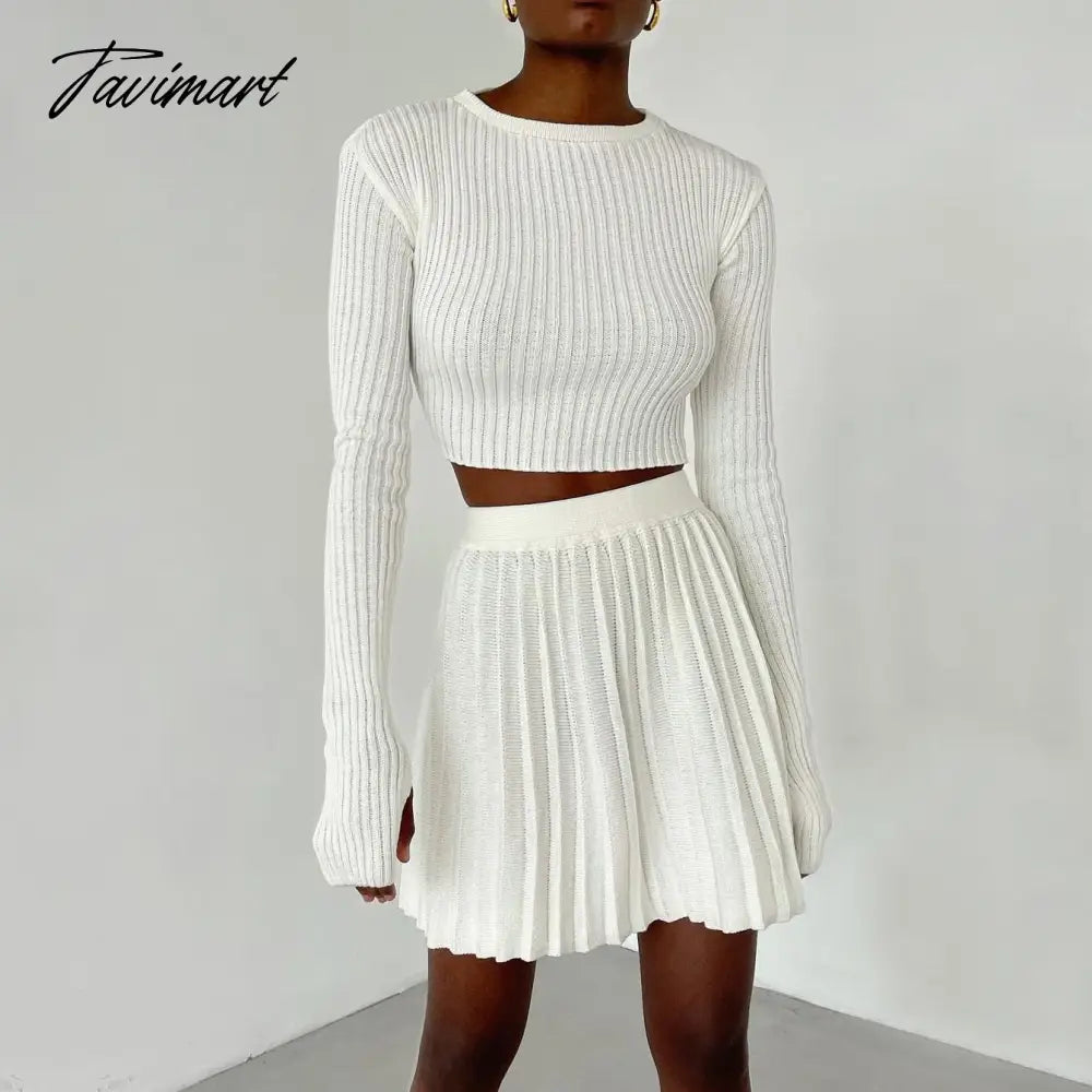 Autumn Winter Green Knitted Skirt 2 Pieces Sets Women Suits Long Sleeve Slim Crop Top Sweater and Pleated Skirt Matching Sets