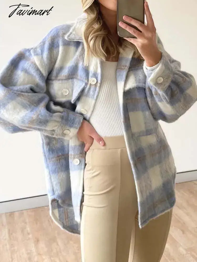Autumn Winter Plaid Coat Women Thick Warm Checkered Jacket Coats Female Plush Loose Oversized Coat Jacket for Women