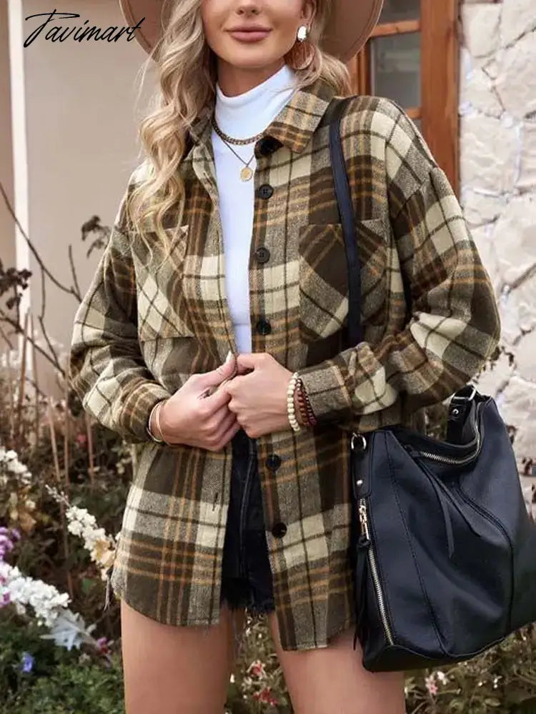 Autumn Winter Plaid Jacket Women Button Shirt Jacket Coat Ladies Overshirt Loose Coat Checkered Jackets For Women