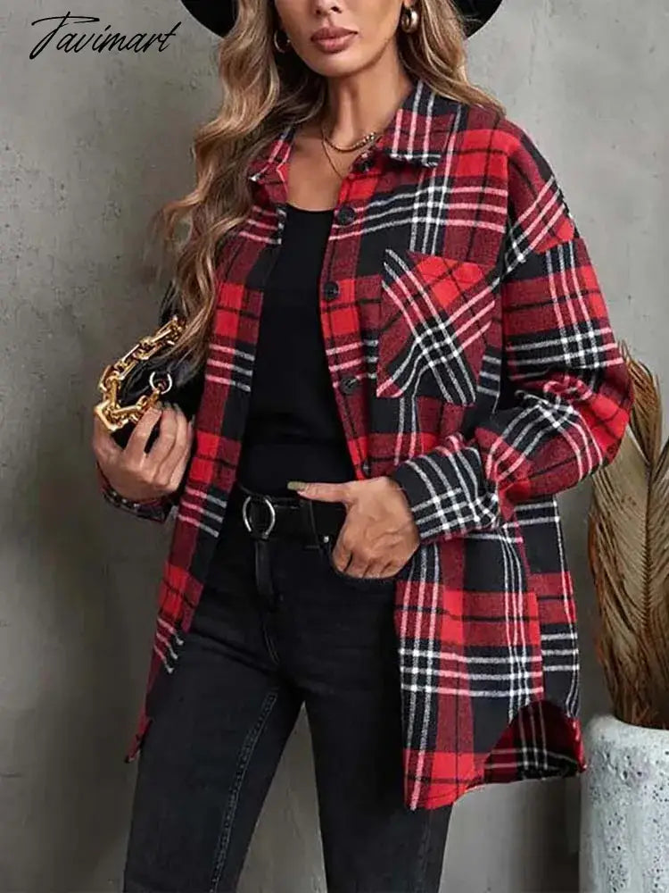 Autumn Winter Plaid Jacket Women Button Shirt Jacket Coat Ladies Overshirt Loose Coat Checkered Jackets For Women