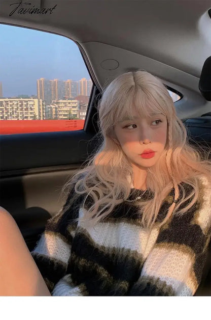 Autumn Winter Warm Knitted Sweater Women Casual Striped Patchwork Pullover Female Korean Loose Designer Knitwear Sweater