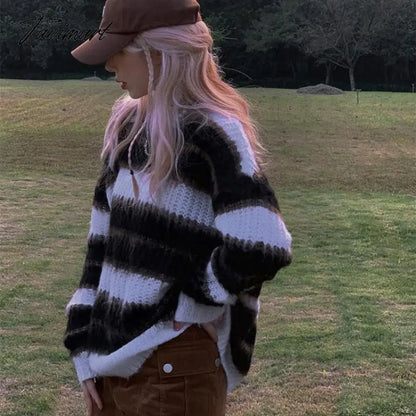 Autumn Winter Warm Knitted Sweater Women Casual Striped Patchwork Pullover Female Korean Loose Designer Knitwear Sweater