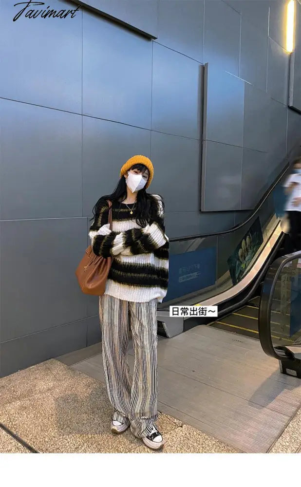 Autumn Winter Warm Knitted Sweater Women Casual Striped Patchwork Pullover Female Korean Loose Designer Knitwear Sweater