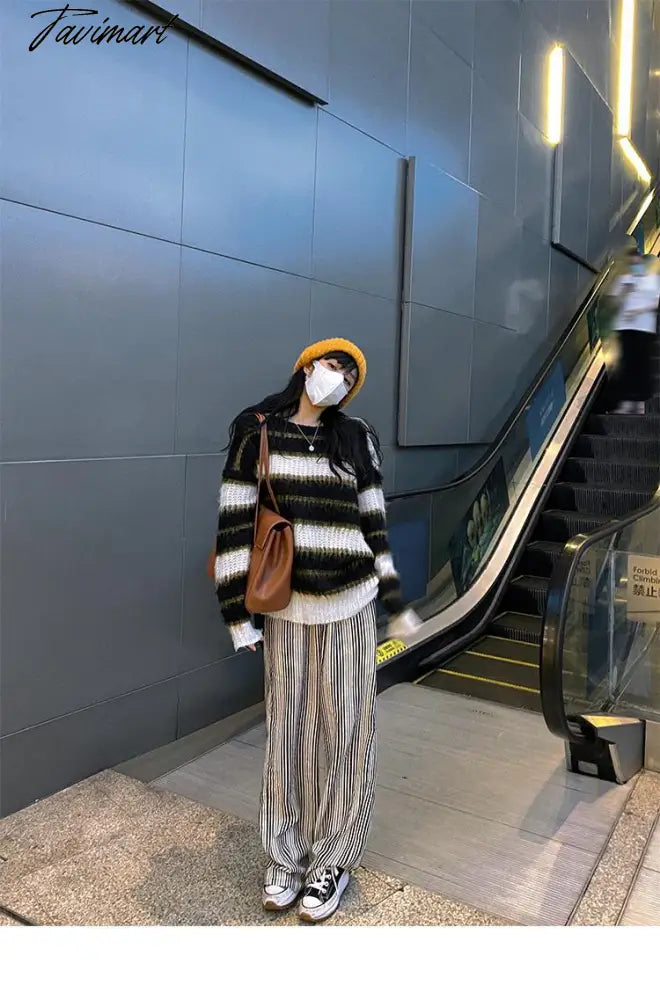Autumn Winter Warm Knitted Sweater Women Casual Striped Patchwork Pullover Female Korean Loose Designer Knitwear Sweater