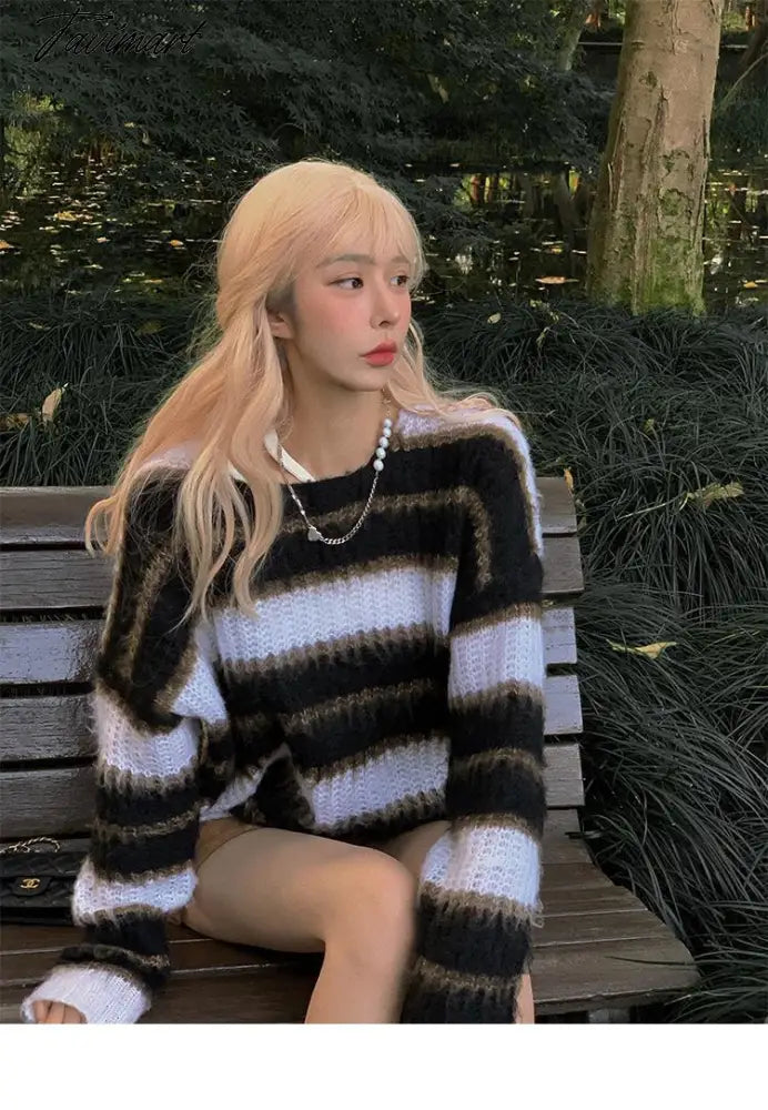 Autumn Winter Warm Knitted Sweater Women Casual Striped Patchwork Pullover Female Korean Loose Designer Knitwear Sweater