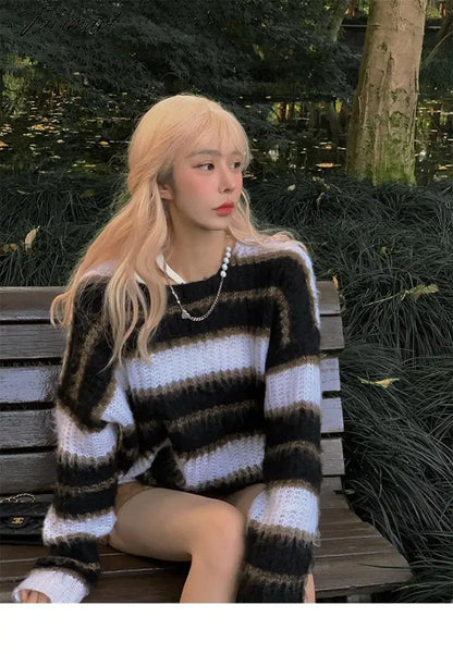 Autumn Winter Warm Knitted Sweater Women Casual Striped Patchwork Pullover Female Korean Loose Designer Knitwear Sweater