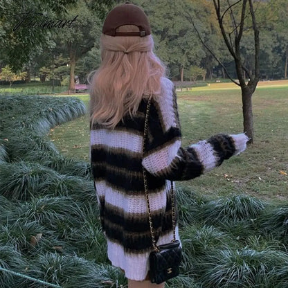 Autumn Winter Warm Knitted Sweater Women Casual Striped Patchwork Pullover Female Korean Loose Designer Knitwear Sweater