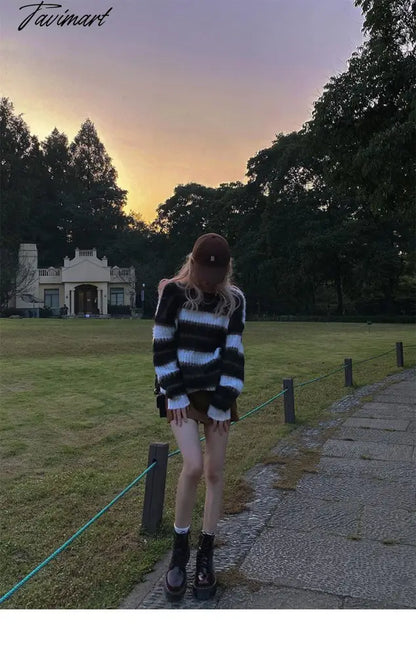 Autumn Winter Warm Knitted Sweater Women Casual Striped Patchwork Pullover Female Korean Loose Designer Knitwear Sweater