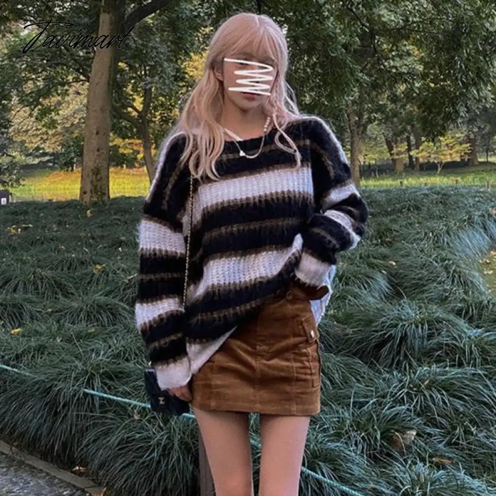 Autumn Winter Warm Knitted Sweater Women Casual Striped Patchwork Pullover Female Korean Loose Designer Knitwear Sweater