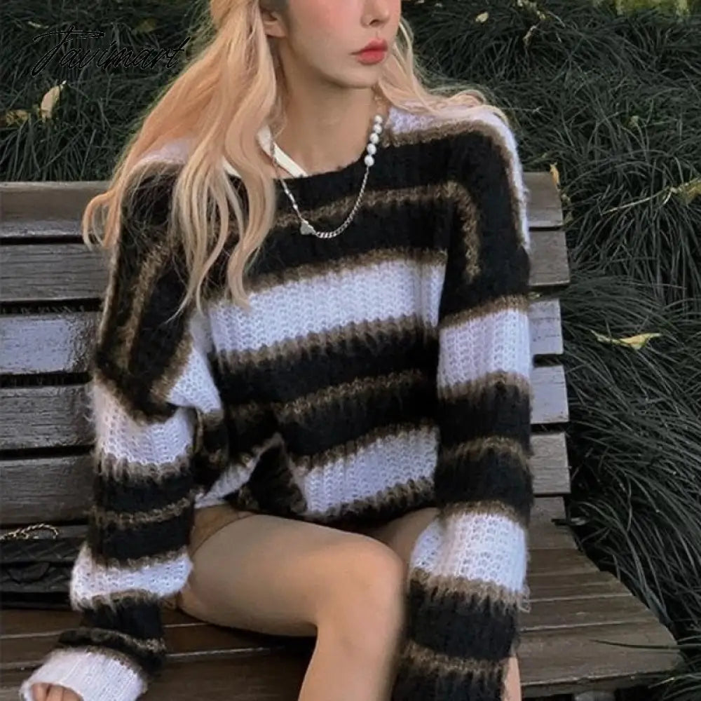 Autumn Winter Warm Knitted Sweater Women Casual Striped Patchwork Pullover Female Korean Loose Designer Knitwear Sweater