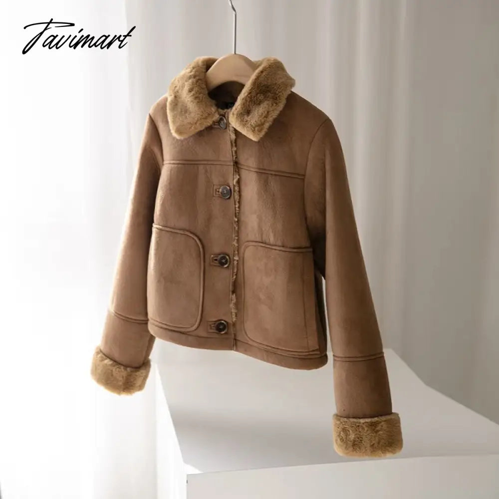 Autumn Winter Women Fake Faux Fur Brown Jacket Ladies Single Breasted Bottons Leather Coat Retro Female Thick Outwear Mujer