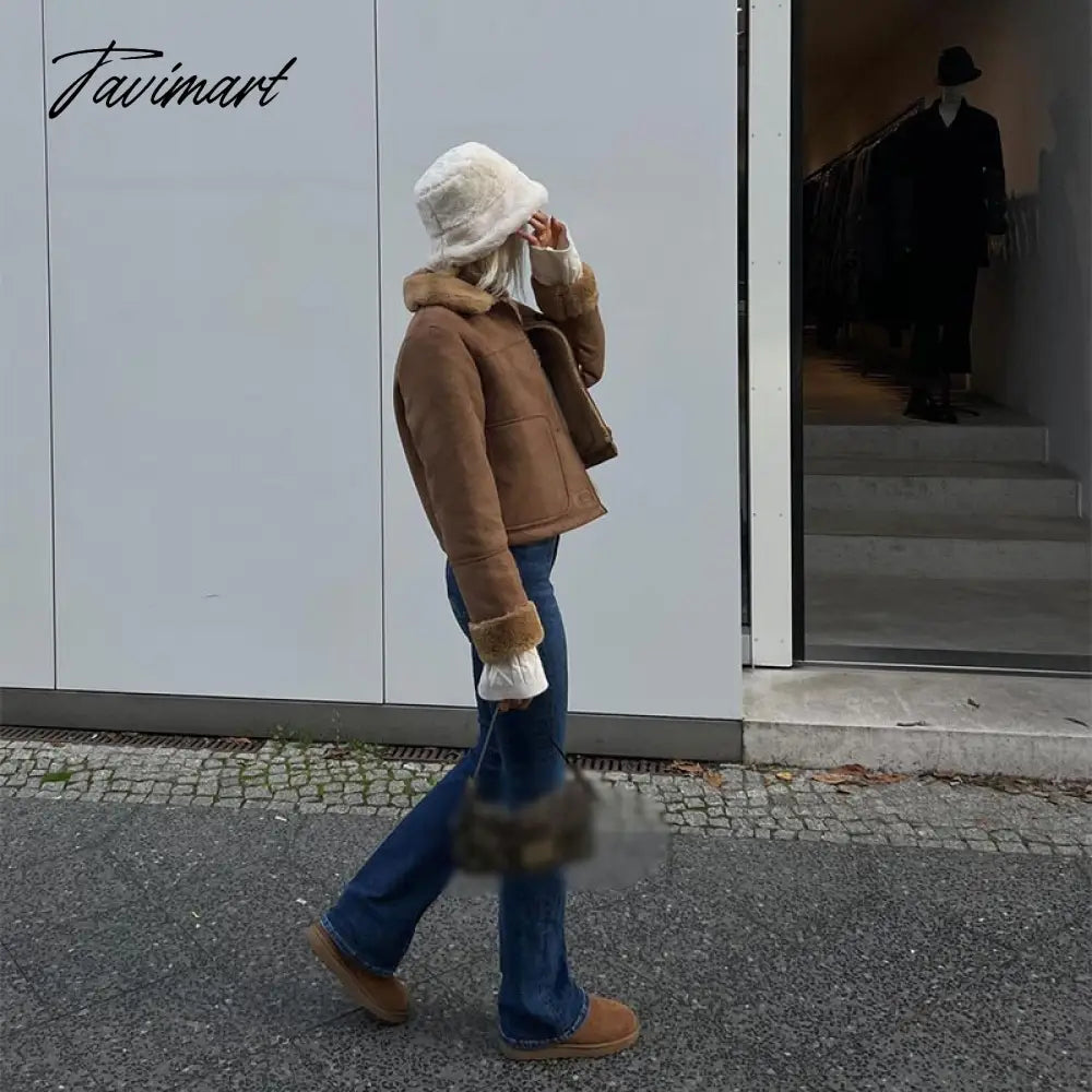 Autumn Winter Women Fake Faux Fur Brown Jacket Ladies Single Breasted Bottons Leather Coat Retro Female Thick Outwear Mujer