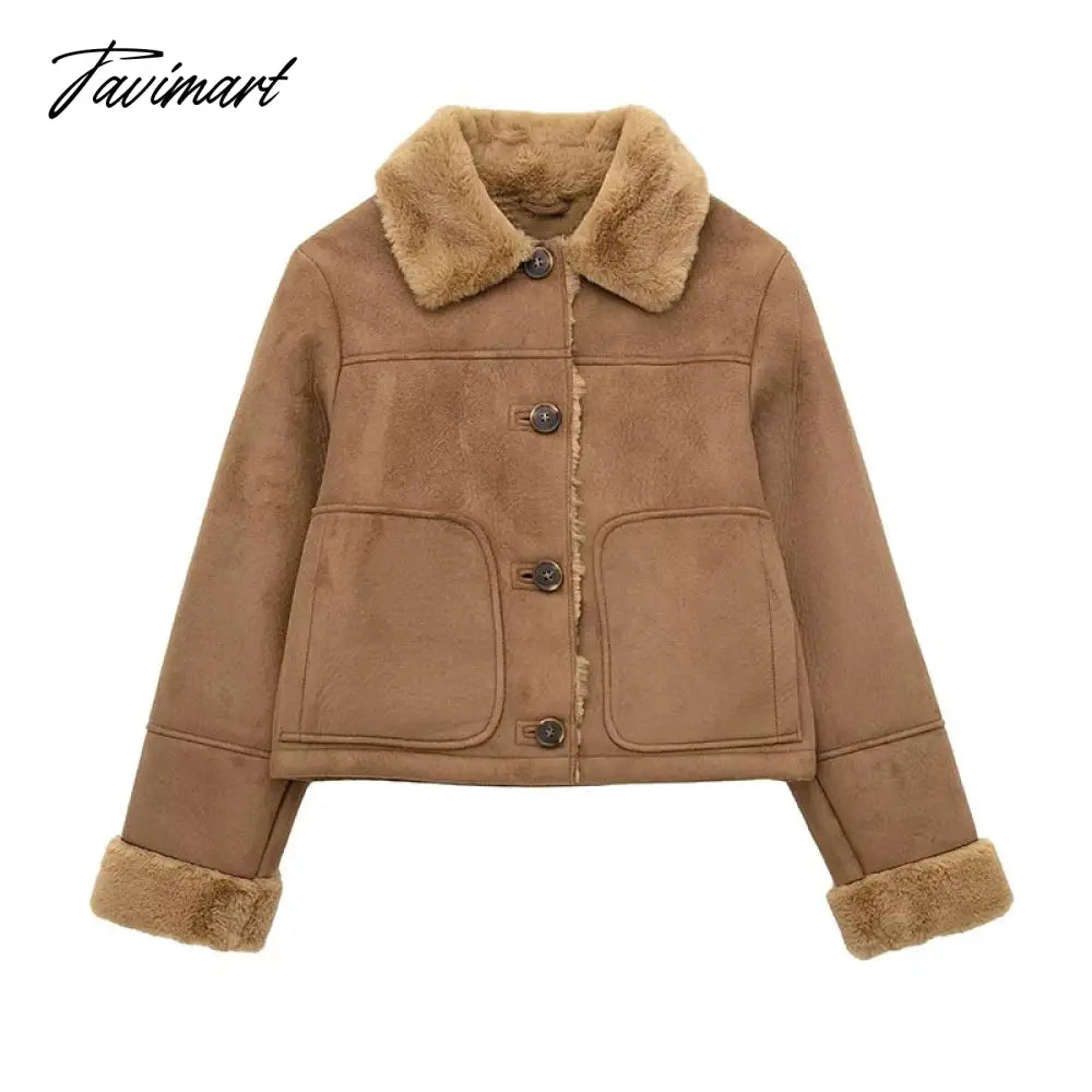 Autumn Winter Women Fake Faux Fur Brown Jacket Ladies Single Breasted Bottons Leather Coat Retro Female Thick Outwear Mujer