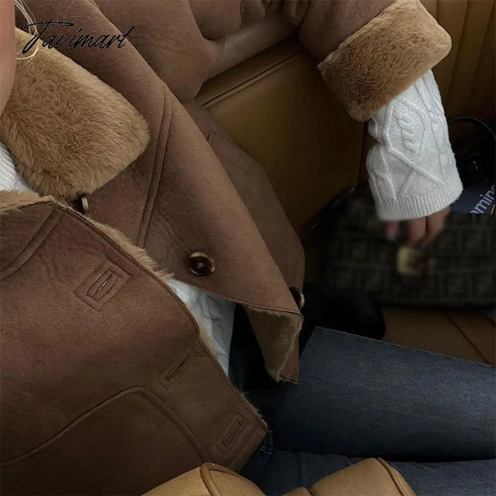 Autumn Winter Women Fake Faux Fur Brown Jacket Ladies Single Breasted Bottons Leather Coat Retro Female Thick Outwear Mujer