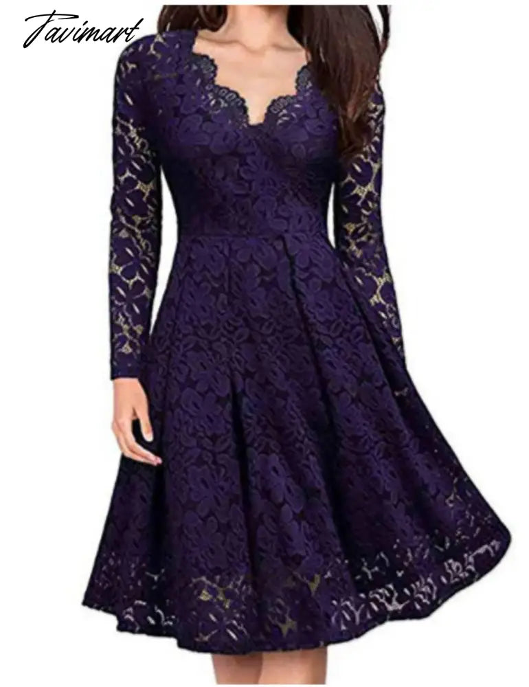 Autumn Winter Women V-Neck Lace Flower Elegant Casual Dress Lined Long-Sleeved Fashion Lady A-Line Formal Evening Gowns Dress