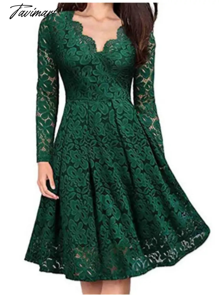 Autumn Winter Women V-Neck Lace Flower Elegant Casual Dress Lined Long-Sleeved Fashion Lady A-Line Formal Evening Gowns Dress