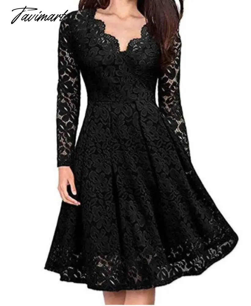 Autumn Winter Women V-Neck Lace Flower Elegant Casual Dress Lined Long-Sleeved Fashion Lady A-Line Formal Evening Gowns Dress