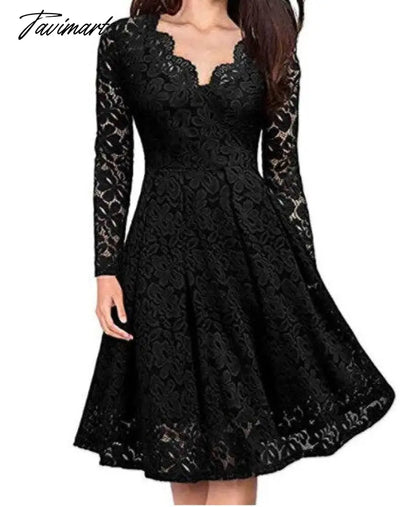 Autumn Winter Women V-Neck Lace Flower Elegant Casual Dress Lined Long-Sleeved Fashion Lady A-Line Formal Evening Gowns Dress