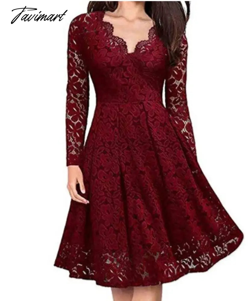 Autumn Winter Women V-Neck Lace Flower Elegant Casual Dress Lined Long-Sleeved Fashion Lady A-Line Formal Evening Gowns Dress