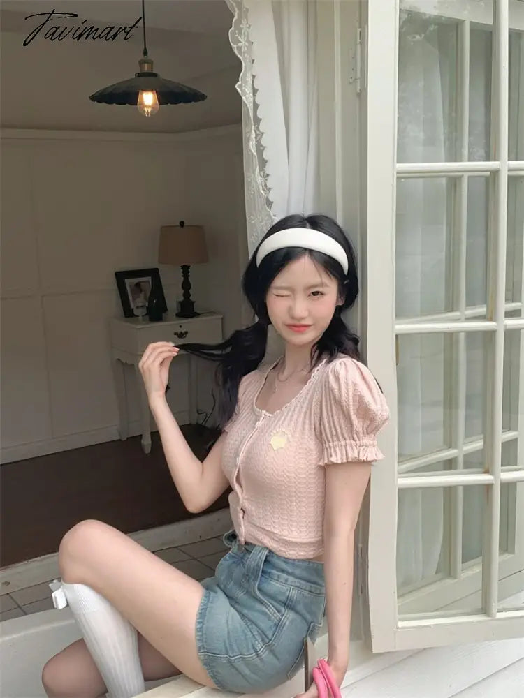 Backless Lace-up Design Tees Puff Sleeved T-shirts O Neck Crop Y2k Tops Summer Camisetas Korean Fashion Ropa De Mujer