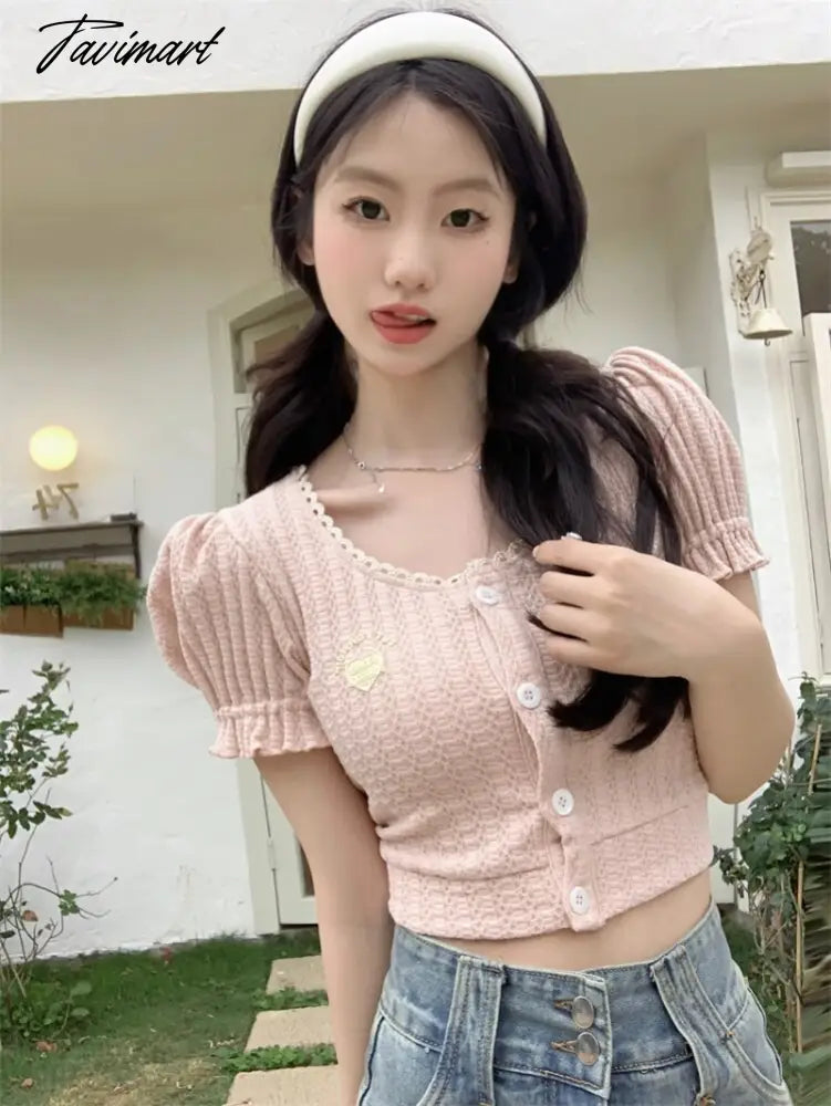 Backless Lace-up Design Tees Puff Sleeved T-shirts O Neck Crop Y2k Tops Summer Camisetas Korean Fashion Ropa De Mujer