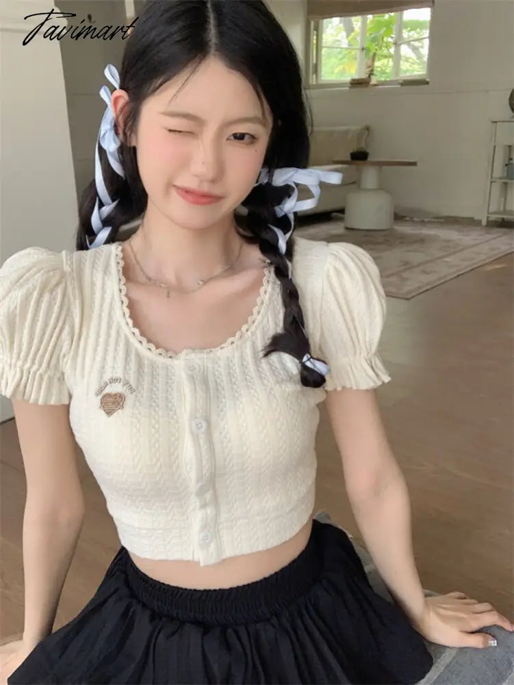 Backless Lace-up Design Tees Puff Sleeved T-shirts O Neck Crop Y2k Tops Summer Camisetas Korean Fashion Ropa De Mujer