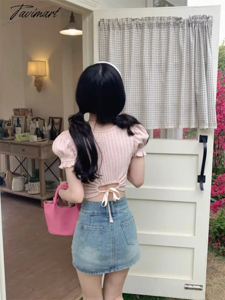 Backless Lace-up Design Tees Puff Sleeved T-shirts O Neck Crop Y2k Tops Summer Camisetas Korean Fashion Ropa De Mujer