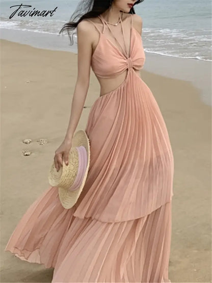 Beach Long Dress Women Summer Sleevess Party Pleated Spaghetti Strap Sundress Sexy A-line Casual Female Clothes Dresses
