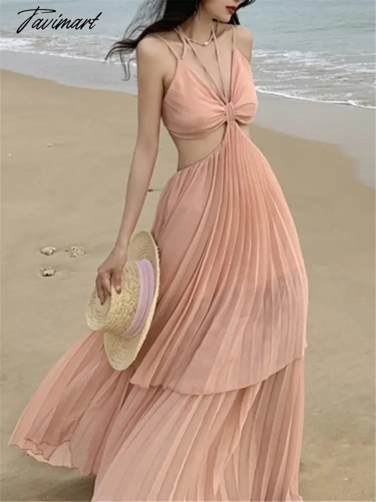 Beach Long Dress Women Summer Sleevess Party Pleated Spaghetti Strap Sundress Sexy A-line Casual Female Clothes Dresses