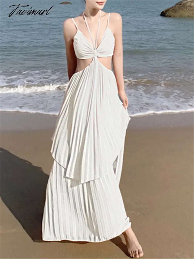 Beach Long Dress Women Summer Sleevess Party Pleated Spaghetti Strap Sundress Sexy A-line Casual Female Clothes Dresses