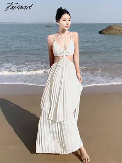 Beach Long Dress Women Summer Sleevess Party Pleated Spaghetti Strap Sundress Sexy A-line Casual Female Clothes Dresses