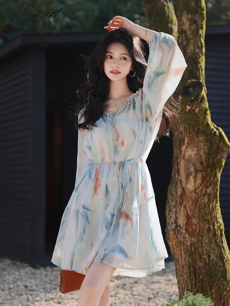 Beach Style Elegant Floral Sundress Summer Casual Long Sleeve Fairy Party Dress Women Chiffon Vintage Dress Korean Fashion