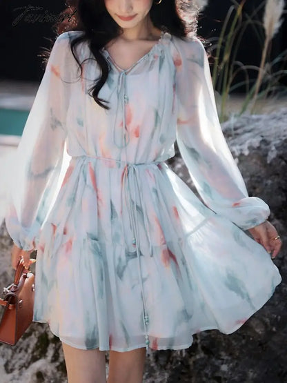 Beach Style Elegant Floral Sundress Summer Casual Long Sleeve Fairy Party Dress Women Chiffon Vintage Dress Korean Fashion