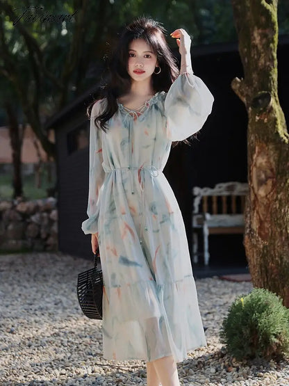 Beach Style Elegant Floral Sundress Summer Casual Long Sleeve Fairy Party Dress Women Chiffon Vintage Dress Korean Fashion