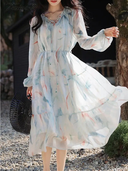 Beach Style Elegant Floral Sundress Summer Casual Long Sleeve Fairy Party Dress Women Chiffon Vintage Dress Korean Fashion