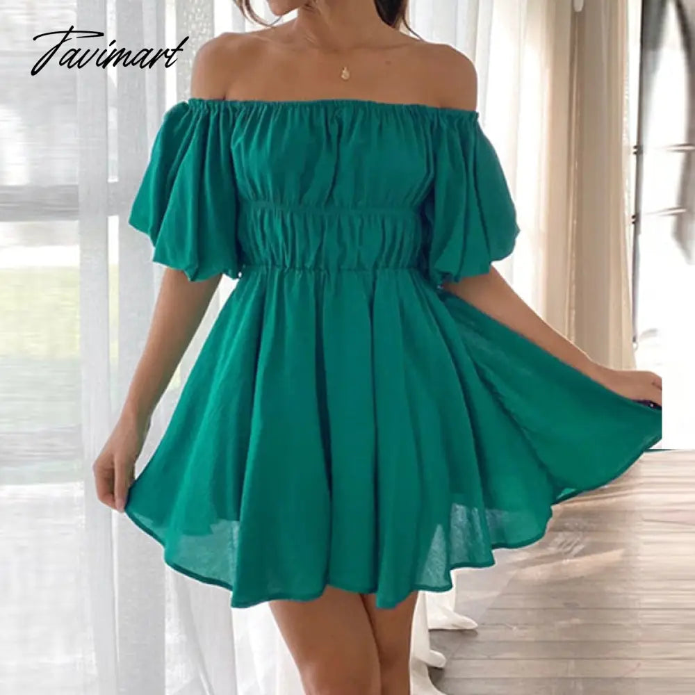 Beautiful Women Waist Solid Party Dress Sweet One Shoulder Pleat Party Dress Elegant Strapless Short Sleeve Loose Dress