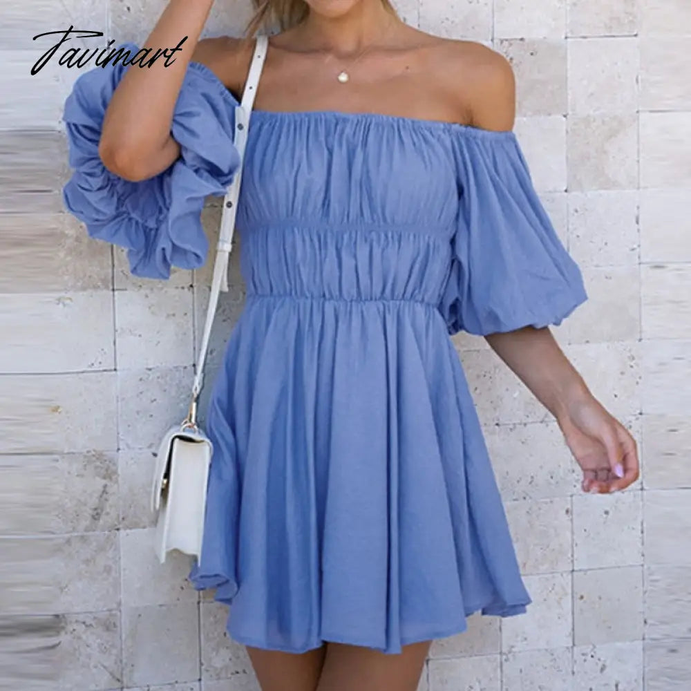 Beautiful Women Waist Solid Party Dress Sweet One Shoulder Pleat Party Dress Elegant Strapless Short Sleeve Loose Dress