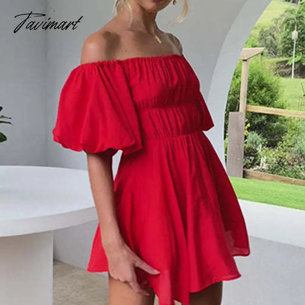 Beautiful Women Waist Solid Party Dress Sweet One Shoulder Pleat Party Dress Elegant Strapless Short Sleeve Loose Dress