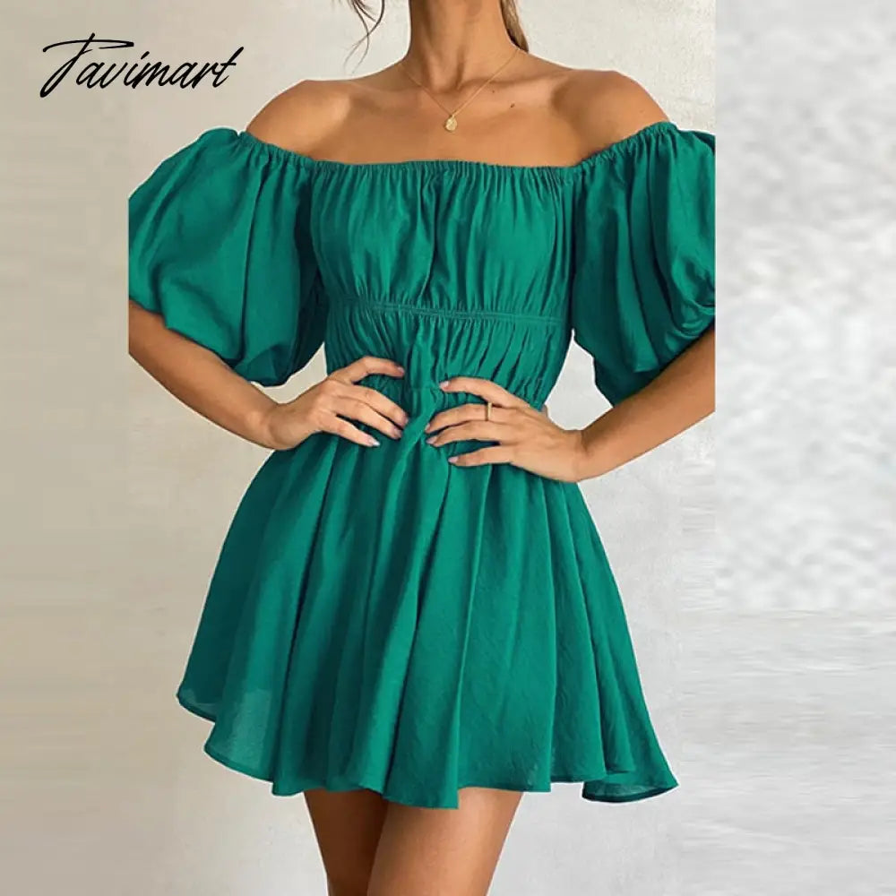 Beautiful Women Waist Solid Party Dress Sweet One Shoulder Pleat Party Dress Elegant Strapless Short Sleeve Loose Dress