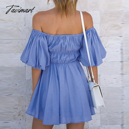 Beautiful Women Waist Solid Party Dress Sweet One Shoulder Pleat Party Dress Elegant Strapless Short Sleeve Loose Dress