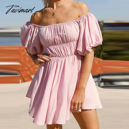 Beautiful Women Waist Solid Party Dress Sweet One Shoulder Pleat Party Dress Elegant Strapless Short Sleeve Loose Dress