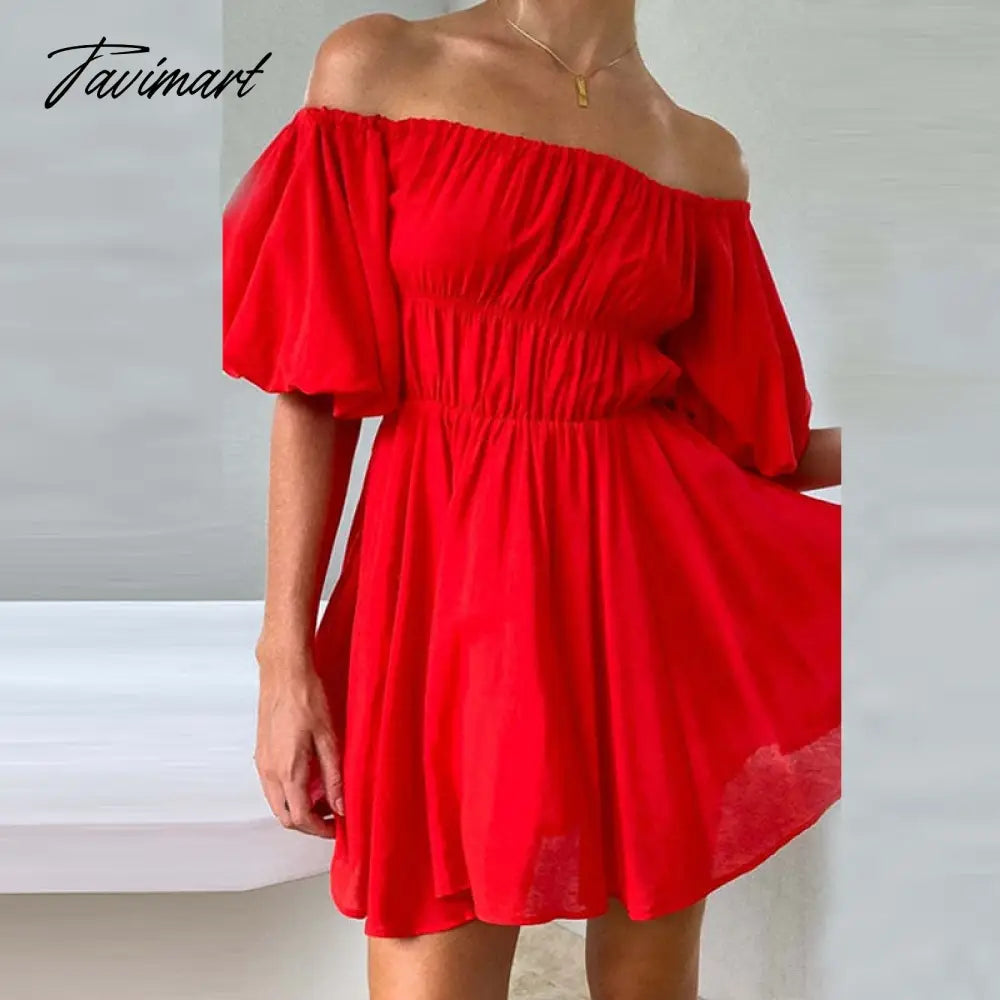 Beautiful Women Waist Solid Party Dress Sweet One Shoulder Pleat Party Dress Elegant Strapless Short Sleeve Loose Dress