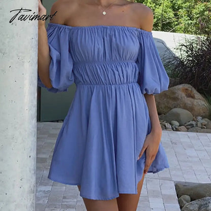 Beautiful Women Waist Solid Party Dress Sweet One Shoulder Pleat Party Dress Elegant Strapless Short Sleeve Loose Dress