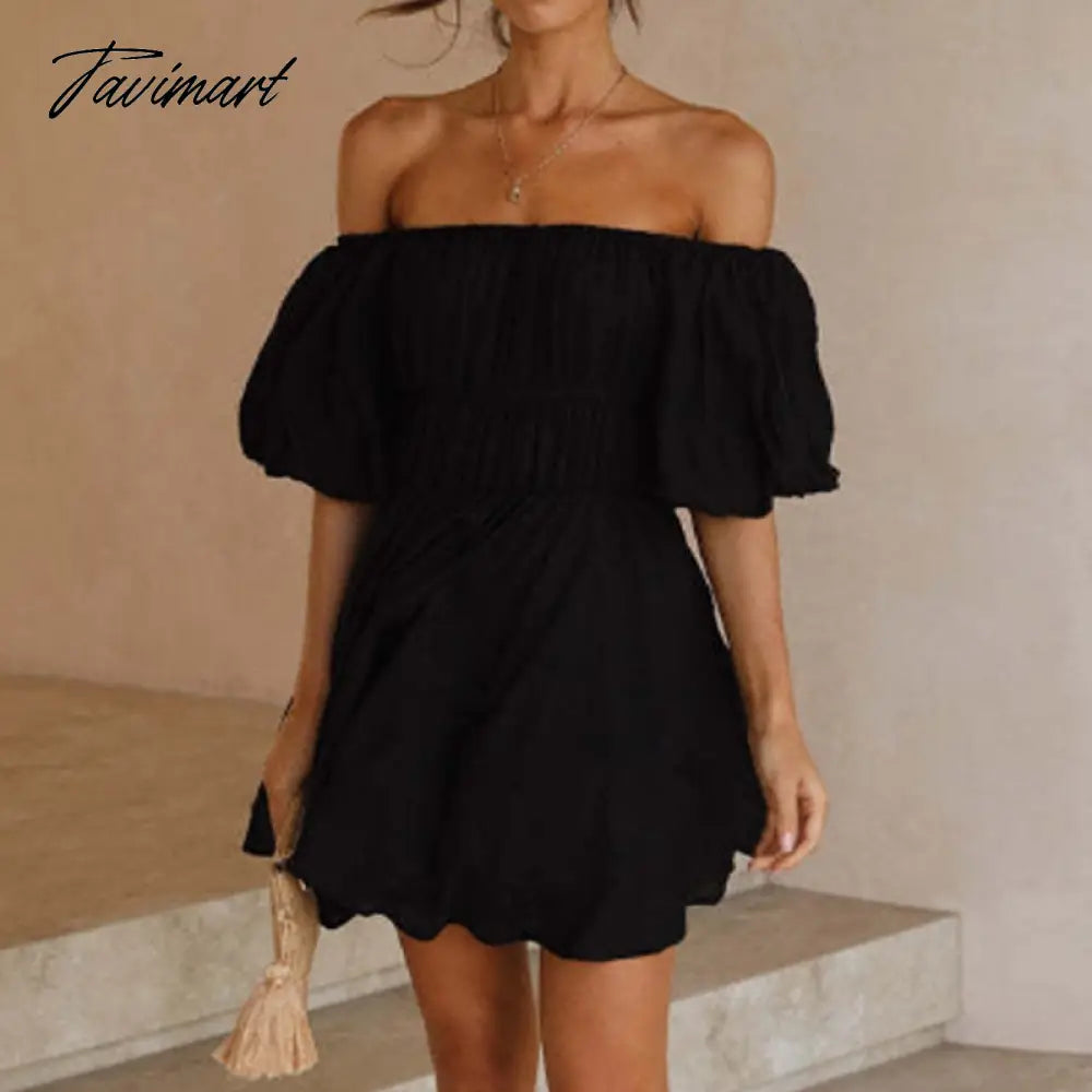 Beautiful Women Waist Solid Party Dress Sweet One Shoulder Pleat Party Dress Elegant Strapless Short Sleeve Loose Dress