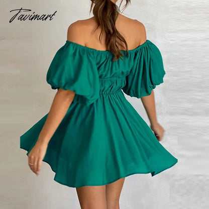 Beautiful Women Waist Solid Party Dress Sweet One Shoulder Pleat Party Dress Elegant Strapless Short Sleeve Loose Dress