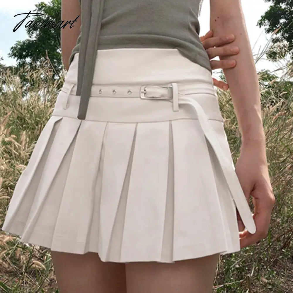 Belted Cotton Pleated Skirt for Women Summer Basic Solid Girls Jupes Femmes Street Versatile Korean Style Skirts