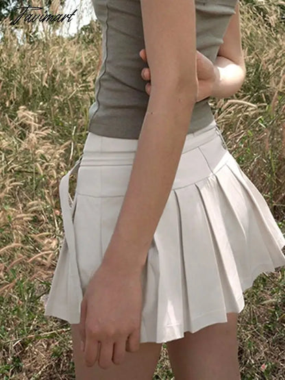 Belted Cotton Pleated Skirt for Women Summer Basic Solid Girls Jupes Femmes Street Versatile Korean Style Skirts