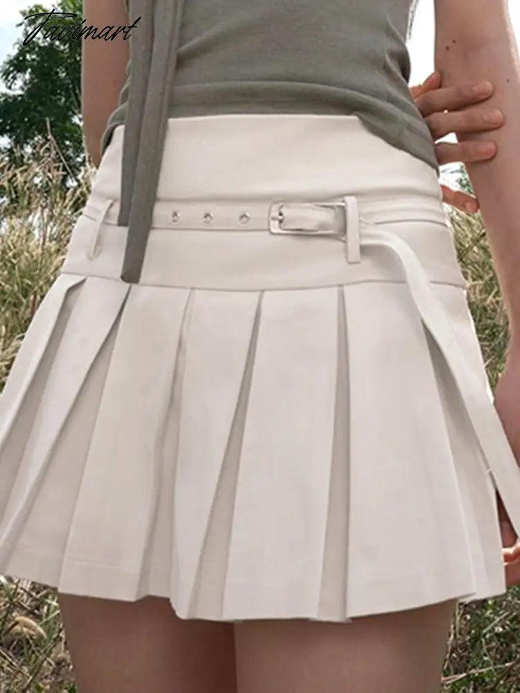 Belted Cotton Pleated Skirt for Women Summer Basic Solid Girls Jupes Femmes Street Versatile Korean Style Skirts