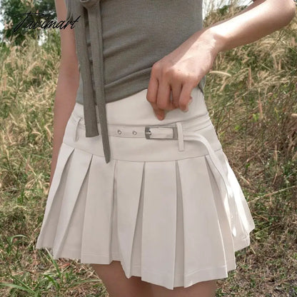 Belted Cotton Pleated Skirt for Women Summer Basic Solid Girls Jupes Femmes Street Versatile Korean Style Skirts